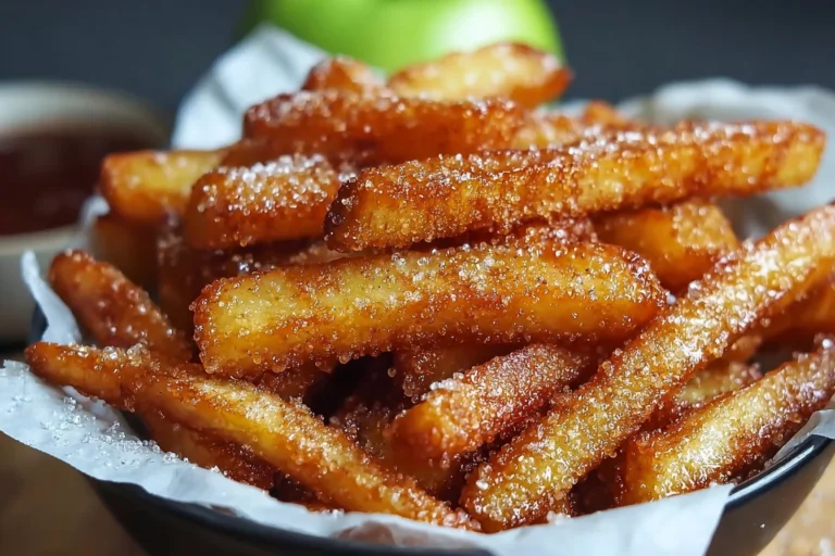 Crispy air fryer apple fries garnished and ready to serve.