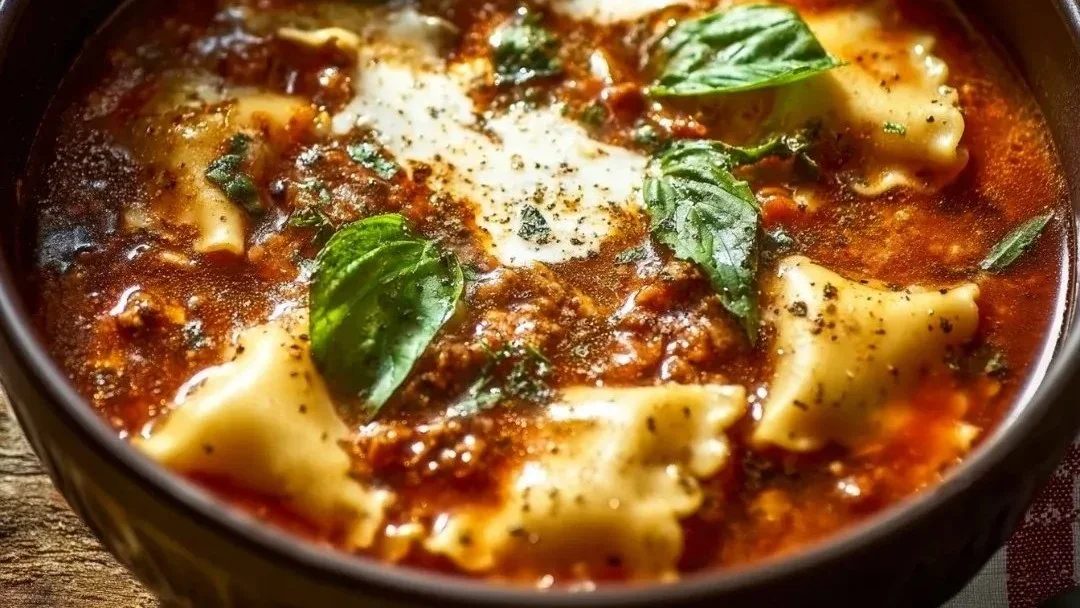 Bowl of hearty Crockpot Lasagna Soup topped with cheese and herbs