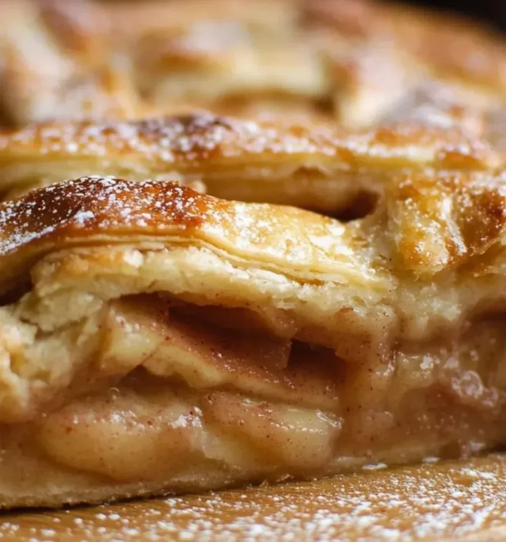 Slice of easy apple pie with cinnamon and apple filling on a wooden table