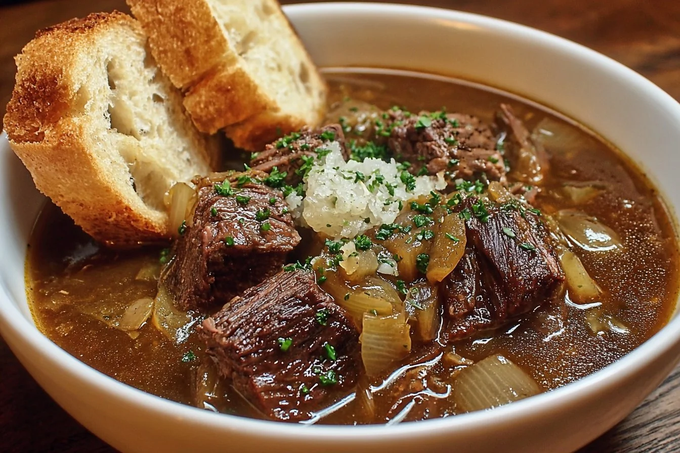 Bowl of French Onion Beef Short Rib Soup garnished with herbs and onions