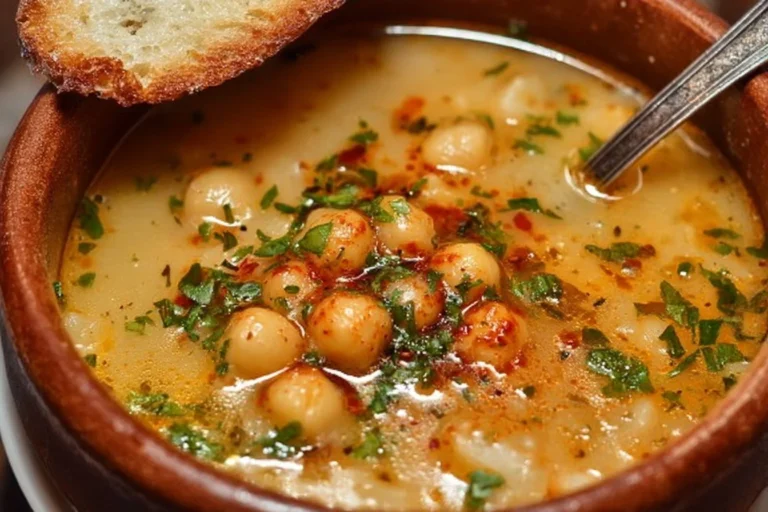 Delicious Garlic Chickpea Soup in a bowl garnished with herbs