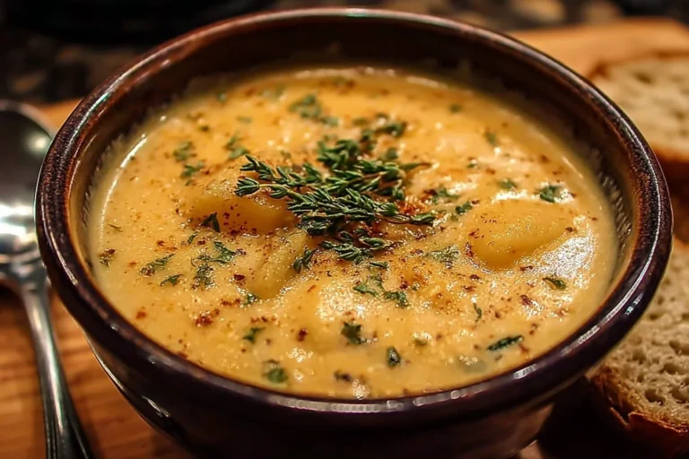 Creamy cheddar garlic herb potato soup in a bowl with herbs on top.