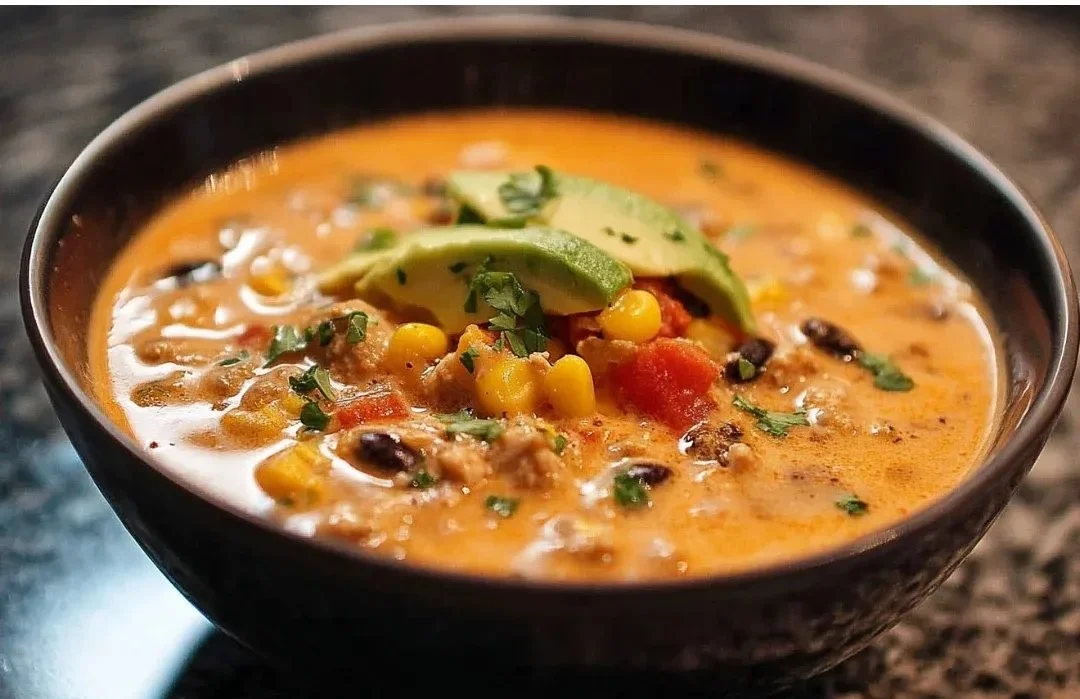 High protein creamy taco soup with garnishes in a bowl