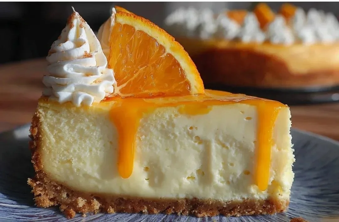 Delicious slice of Orange Creamsicle Cheesecake with vibrant orange topping.