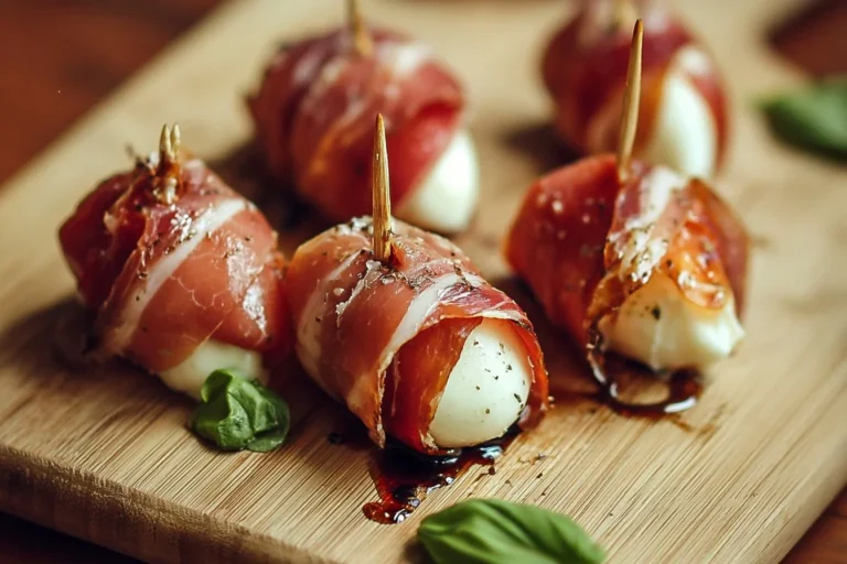 Prosciutto wrapped mozzarella bites appetizer on a serving platter