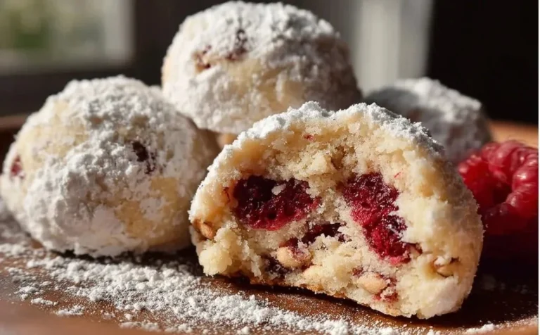 Raspberry filled almond snowball cookies on a decorative plate