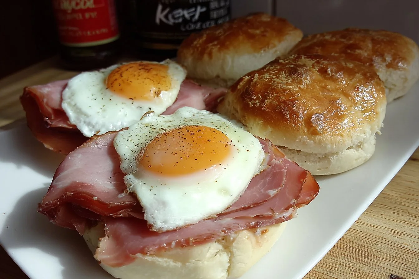 Smoked gammon and fried egg crusty rolls served on a wooden board