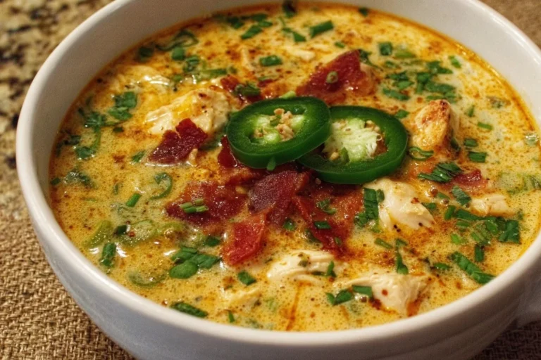 Bowl of spicy jalapeño popper chicken soup garnished with jalapeños and cheese.
