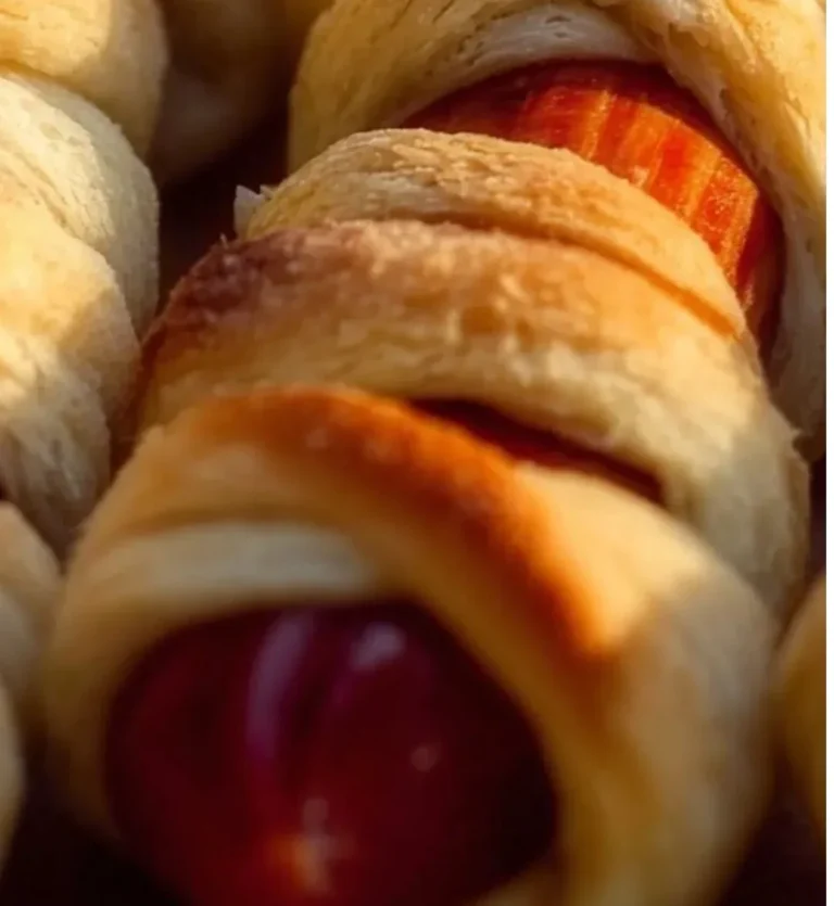 Spooky mummy hot dogs wrapped in dough for Halloween