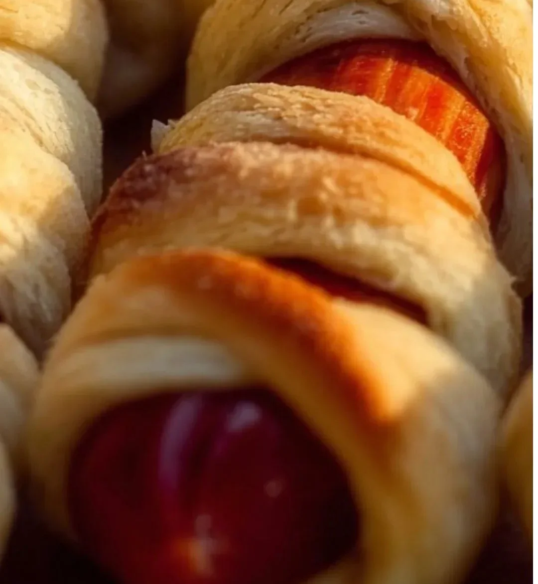 Spooky mummy hot dogs wrapped in dough for Halloween