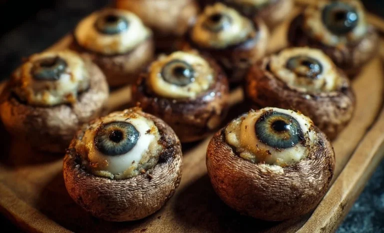 Spooky stuffed mushroom eyeballs garnished for Halloween