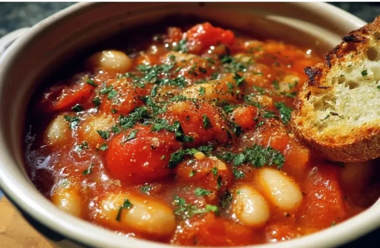 Bowl of Tomato and White Bean Soup garnished with fresh herbs