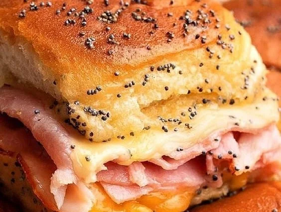 Baked ham and cheese sliders fresh out of the oven