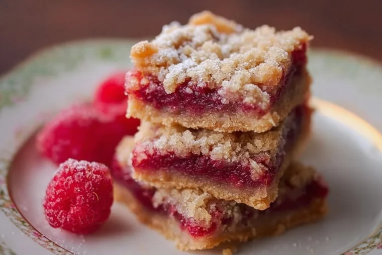 Delicious homemade raspberry bars on a wooden plate