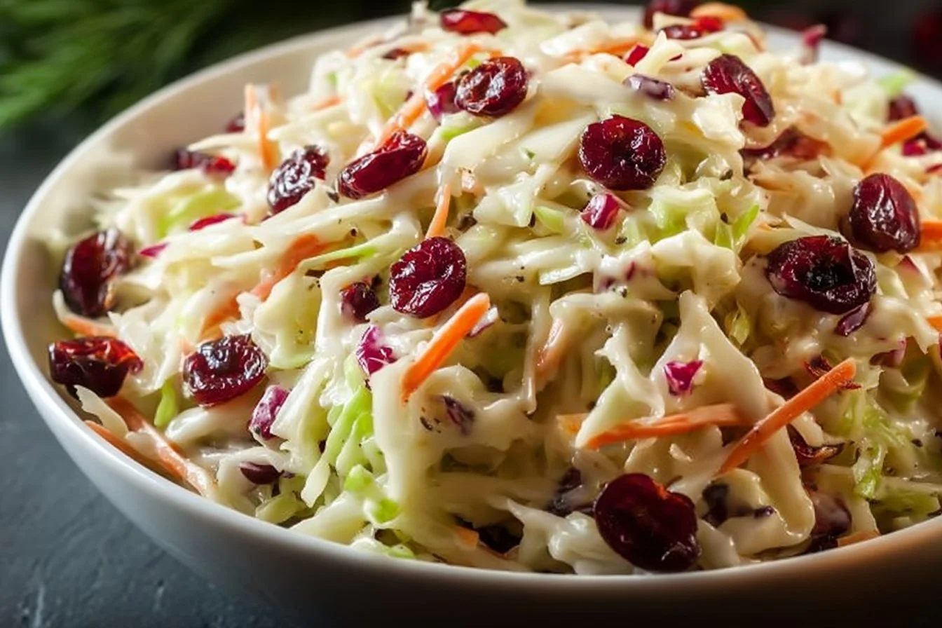 Bowl of colorful apple cranberry coleslaw with fresh ingredients