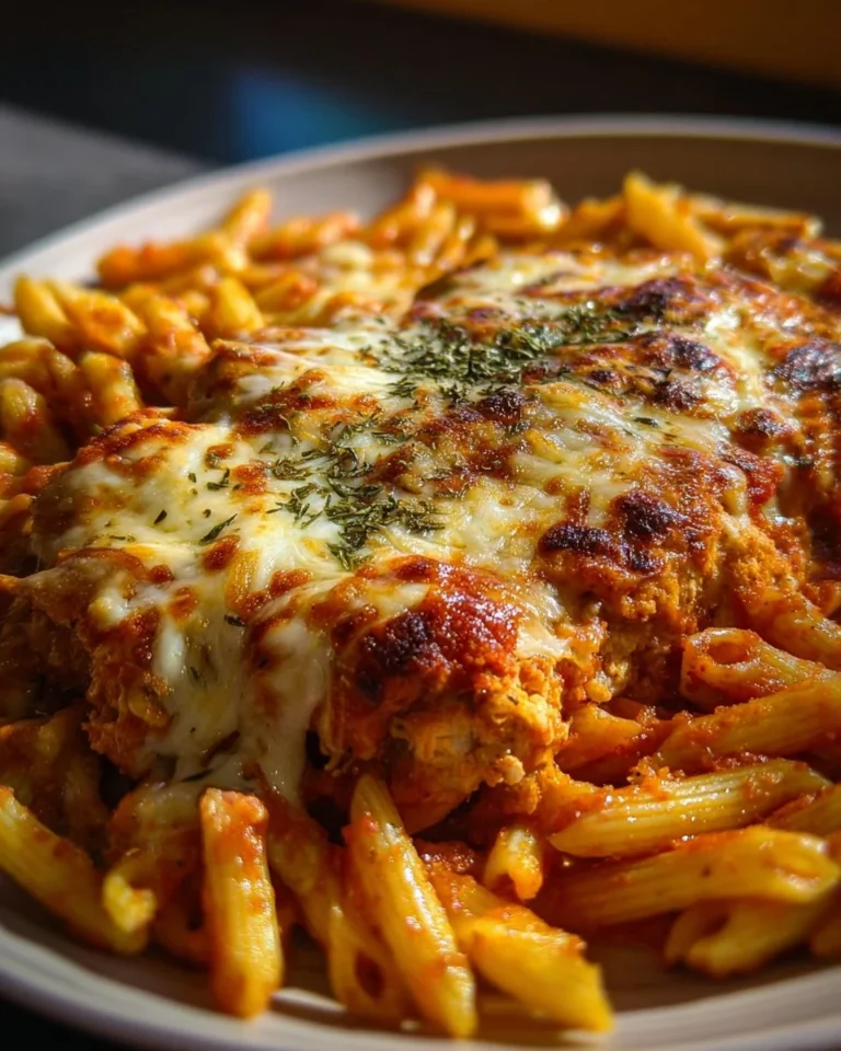 Baked chicken parmesan pasta dish topped with cheese and herbs.