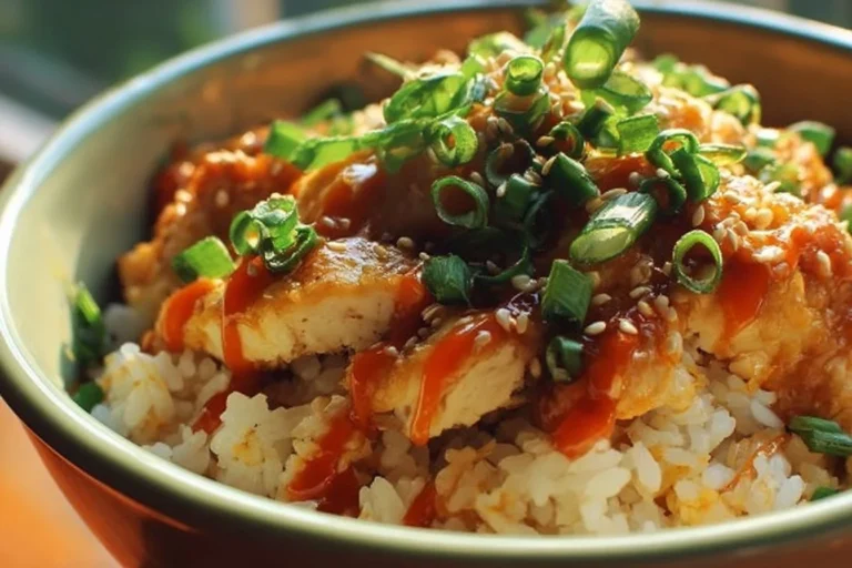 Delicious Bang Bang Chicken Rice Bowl topped with sauce and fresh vegetables