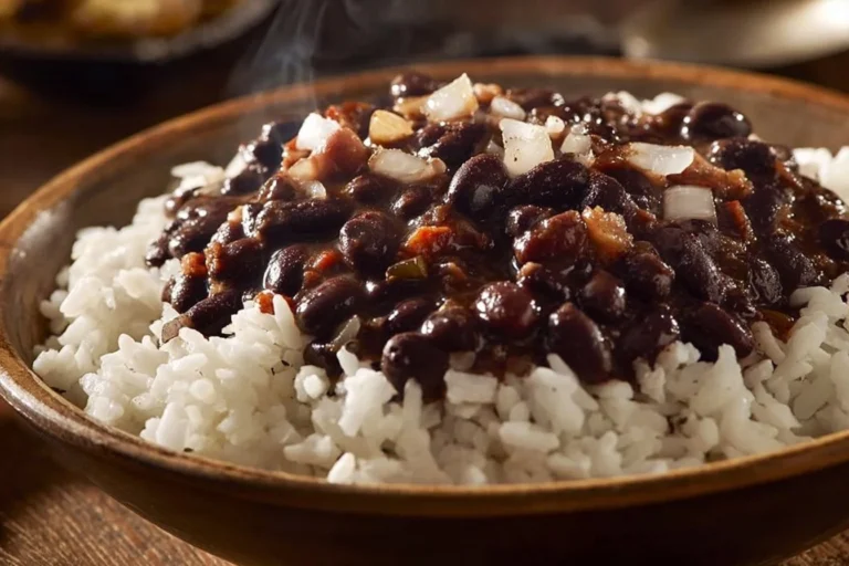 Plate of black beans and rice served with fresh herbs and spices