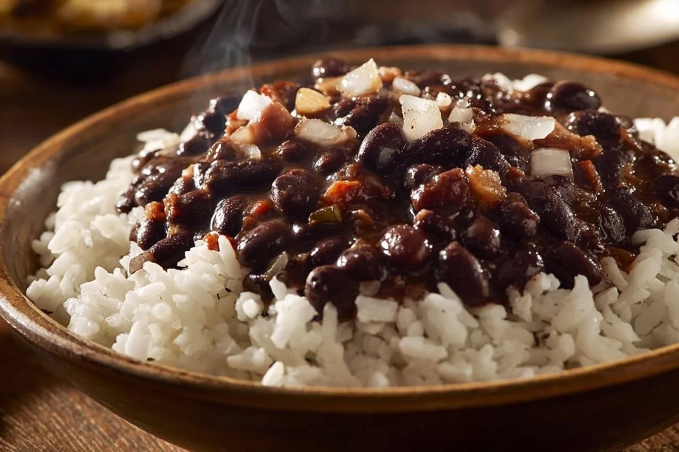 Plate of black beans and rice served with fresh herbs and spices