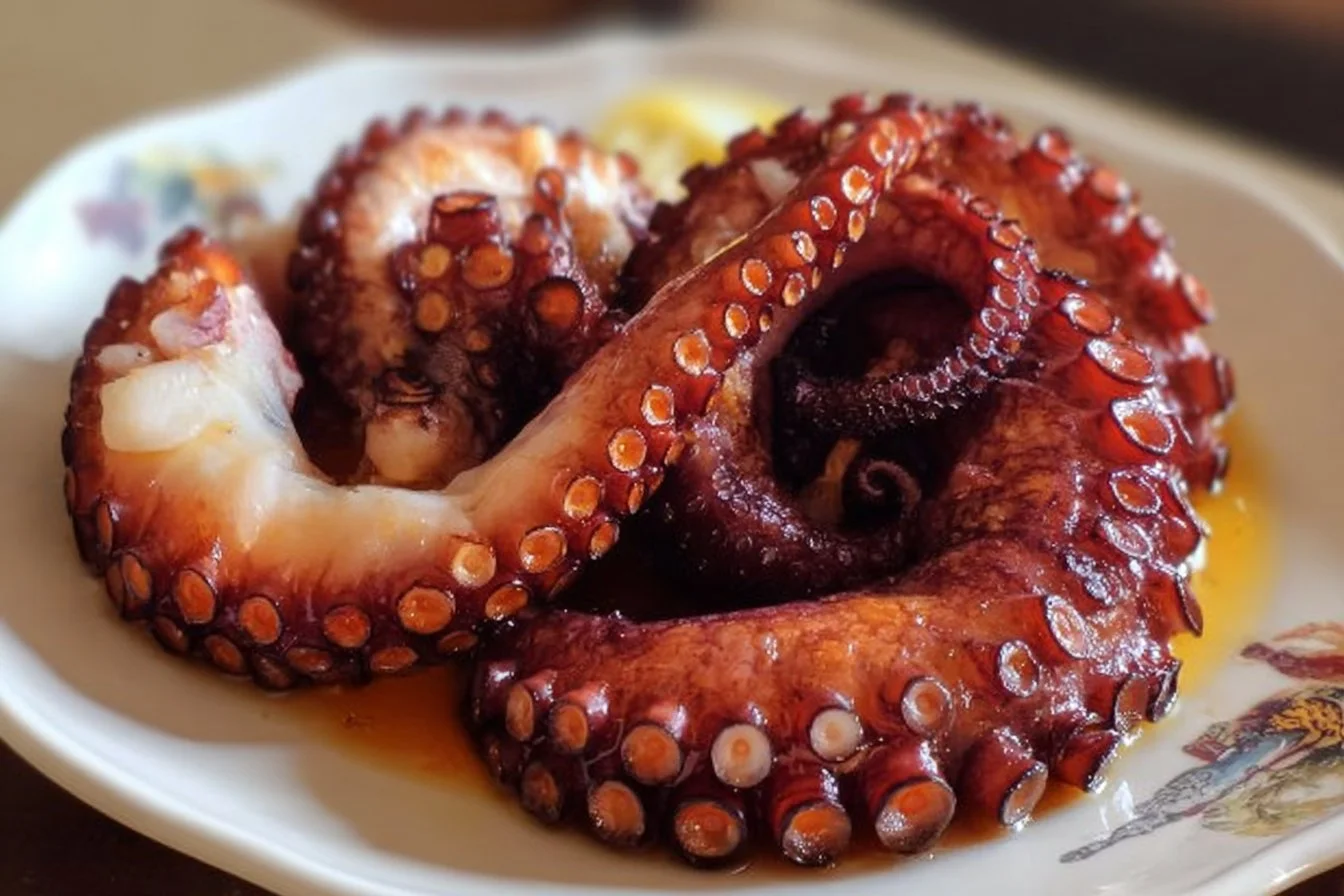 Delicious boiled octopus served on a plate with herbs and lemon.