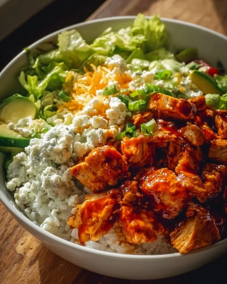 Delicious Buffalo Chicken Bowls topped with fresh ingredients and spicy sauce.