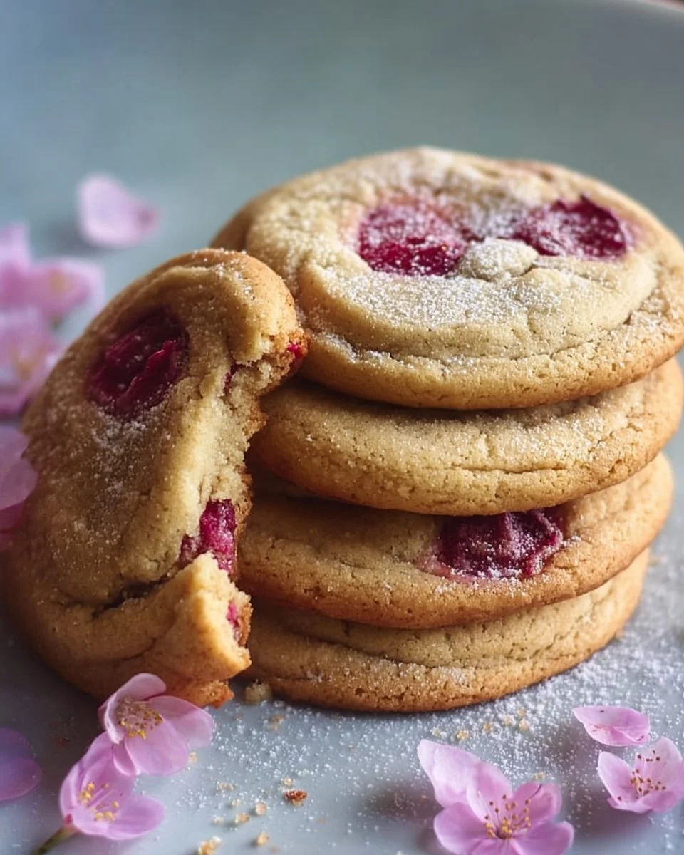 Freshly baked cherry blossom cookies decorated with pink icing and cherry petals