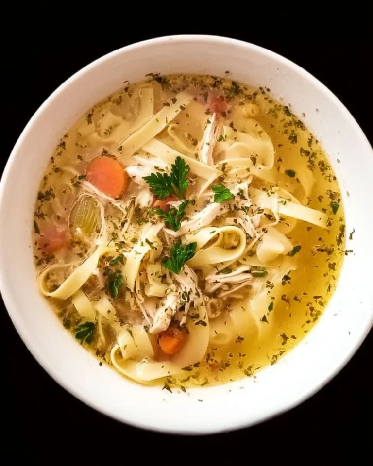 A warm bowl of chicken noodle soup with vegetables and herbs