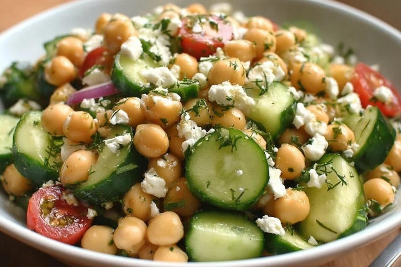 Chickpea Cucumber Feta Salad served in a bowl with fresh ingredients.