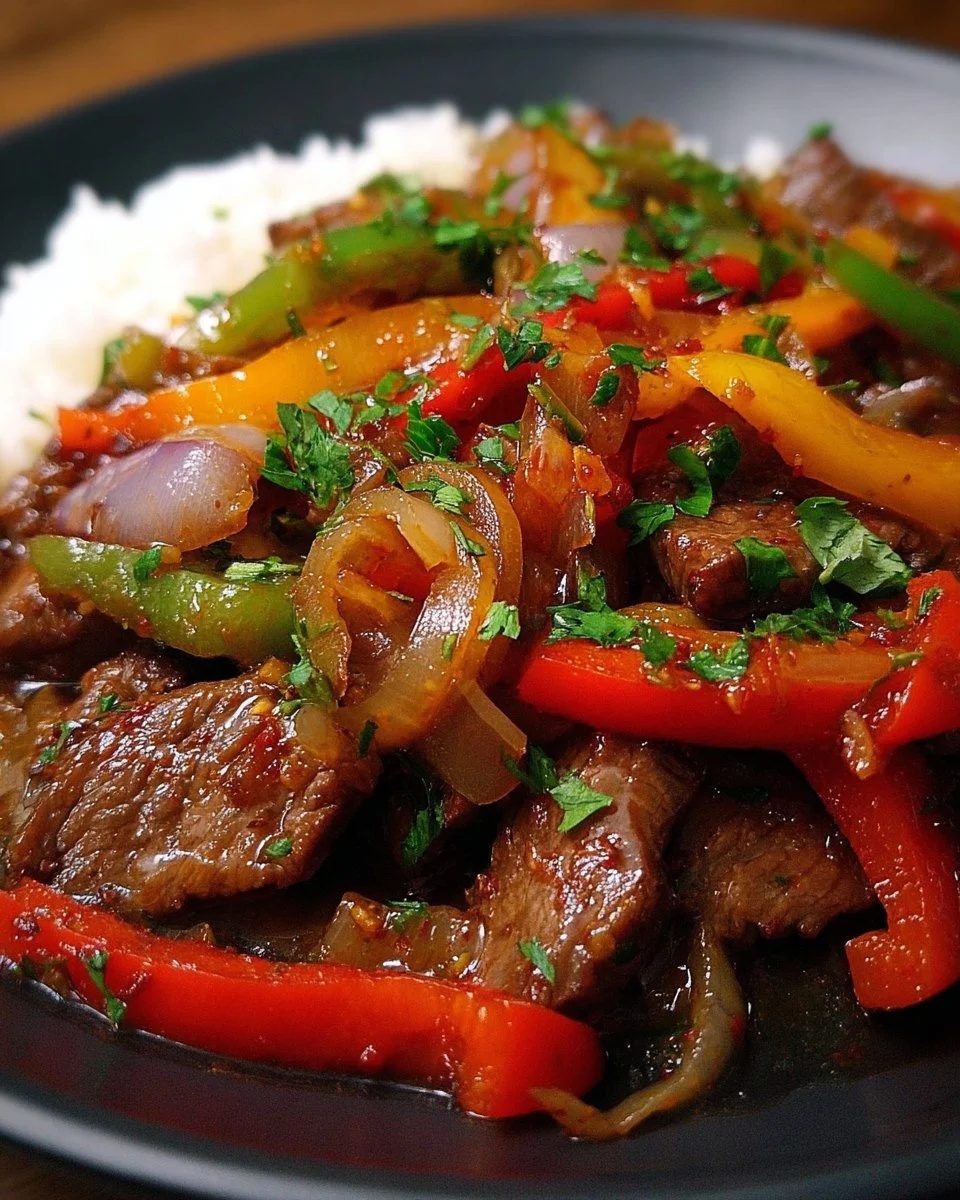 Delicious Chinese Onion Pepper Steak served with colorful peppers and onions.