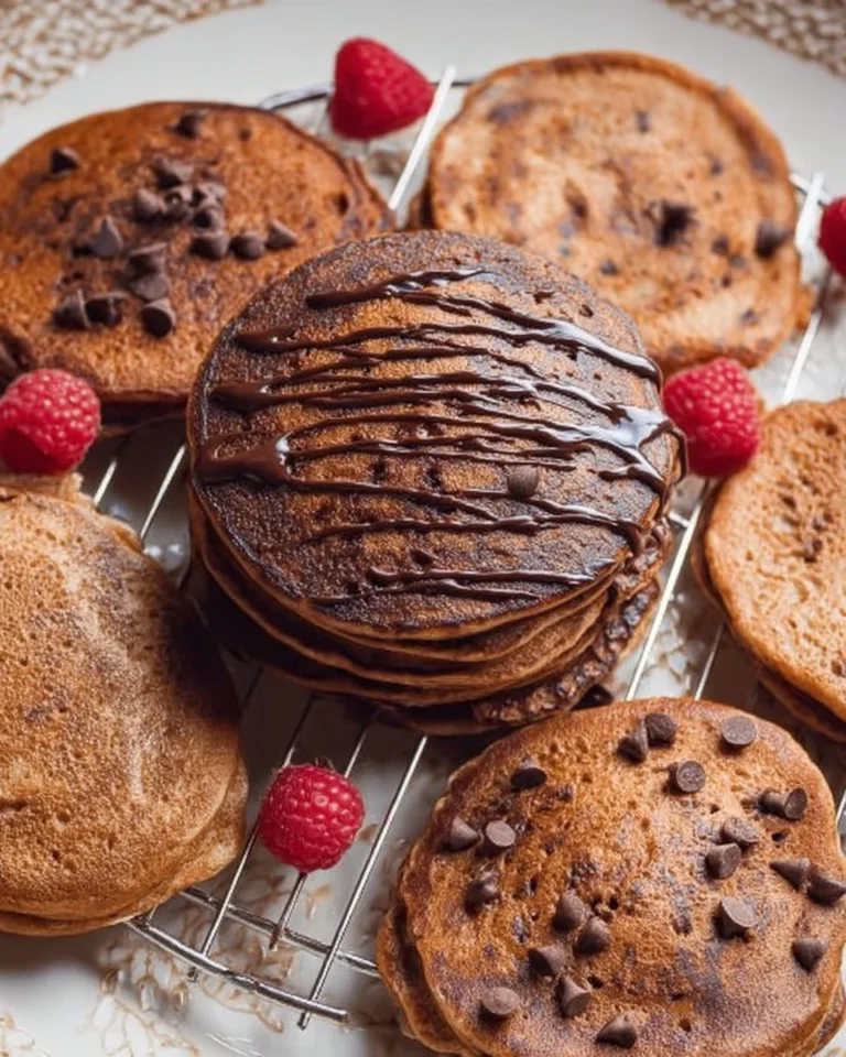 Delicious Chocolate Protein Pancakes stacked with syrup and chocolate chips