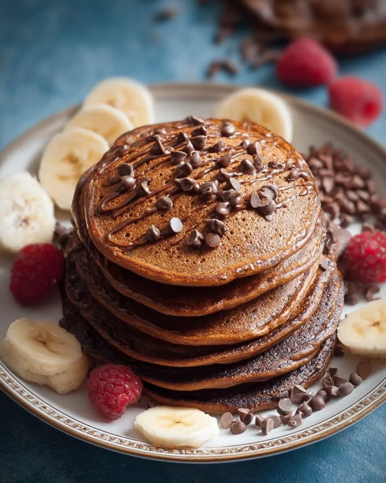 Plate of fluffy chocolate protein pancakes topped with fruit and syrup