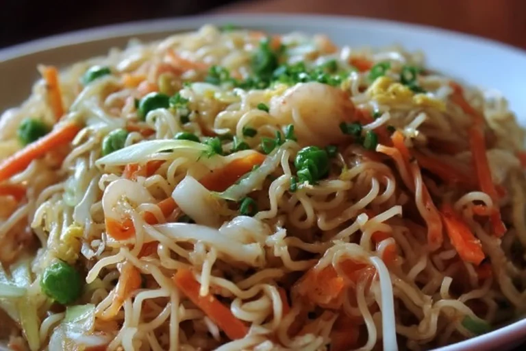 A delicious serving of classic Pancit with colorful vegetables and noodles.