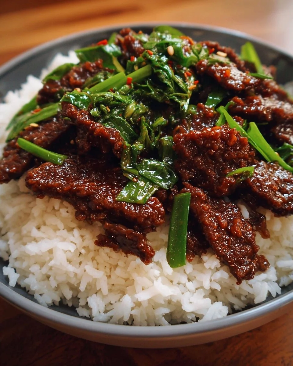 Delicious bowl of comforting Mongolian Beef with tender beef and flavorful sauce.