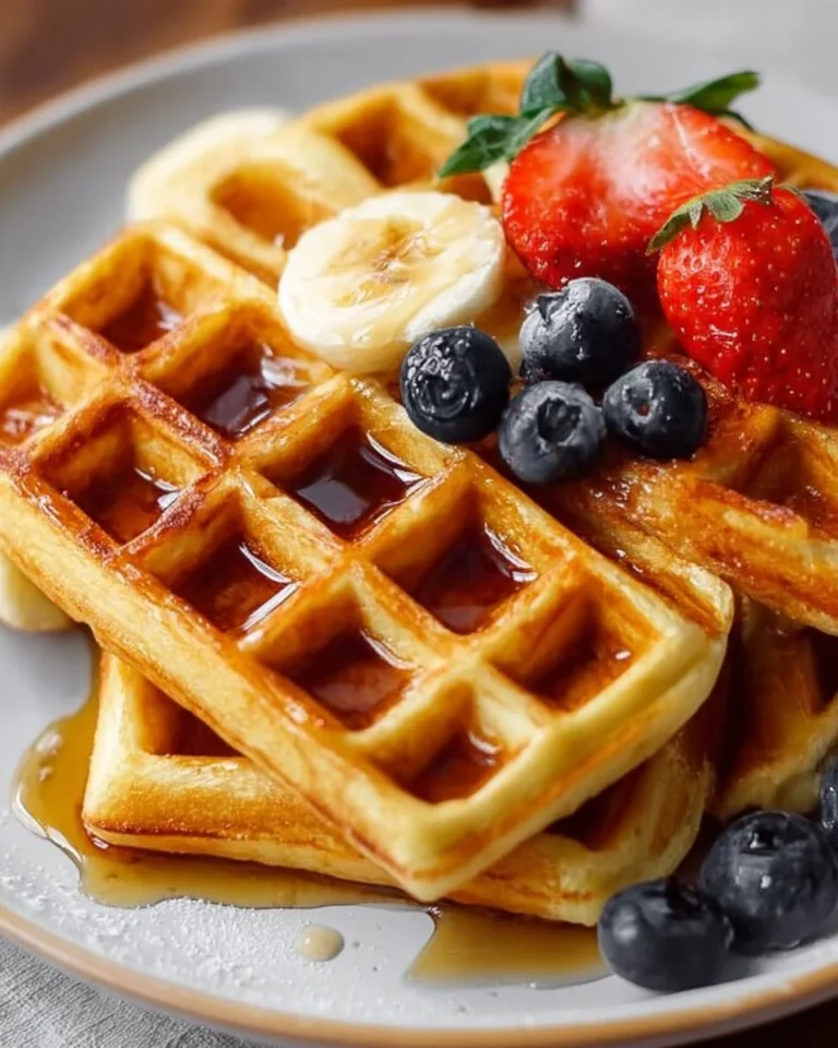 Fluffy cottage cheese waffles served with fresh berries and syrup