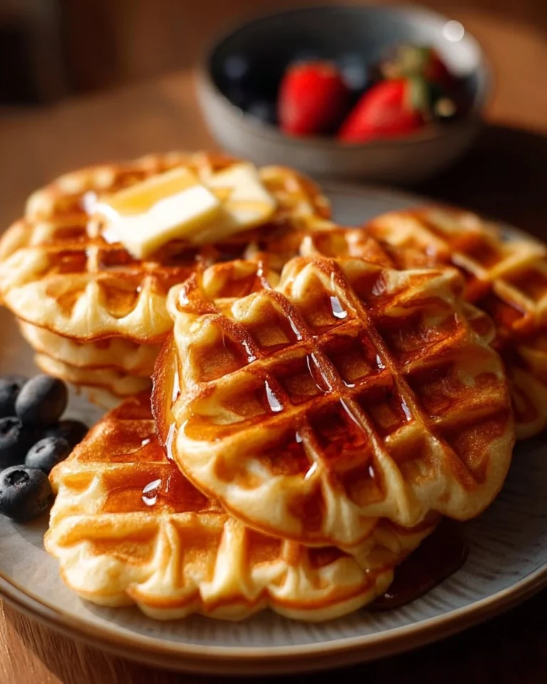 Delicious Cottage Cheese Waffles served with syrup and fruit.