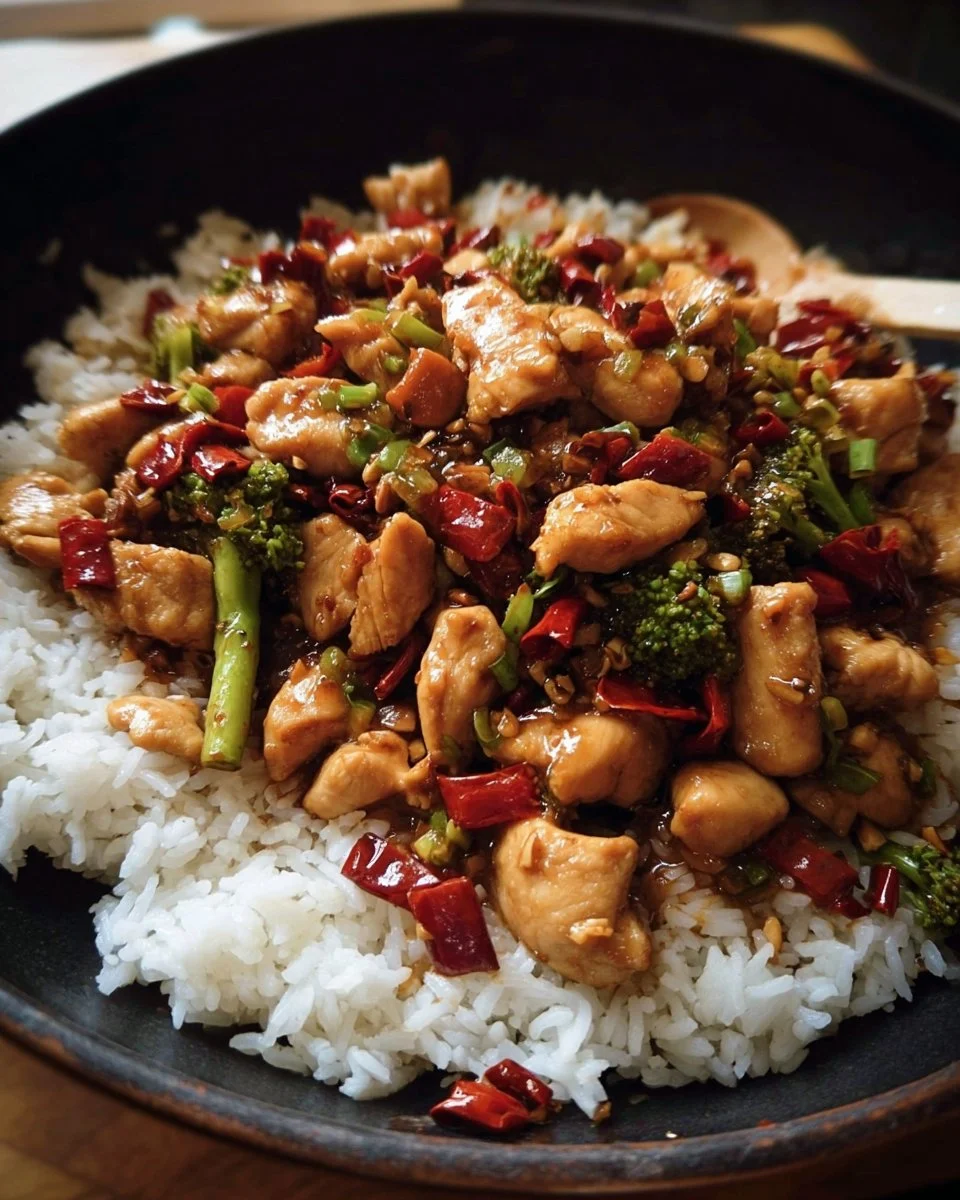 Healthy Kung Pao Chicken dish with vegetables and peanuts