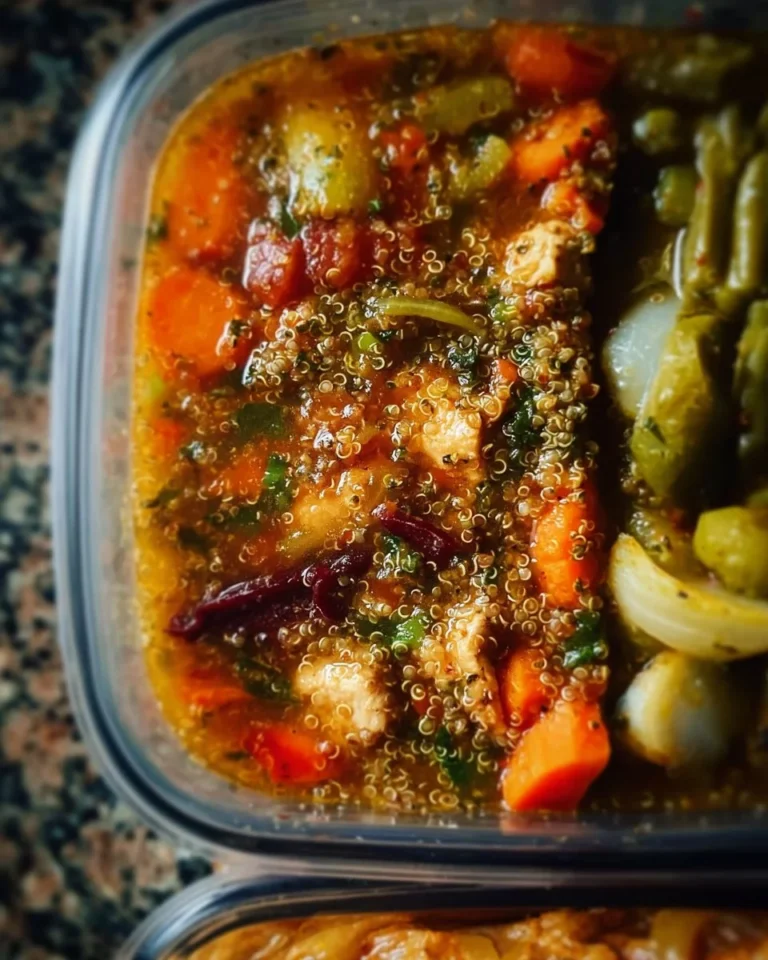 Hearty chicken quinoa and veggie casserole ready for freezing and meal prep.
