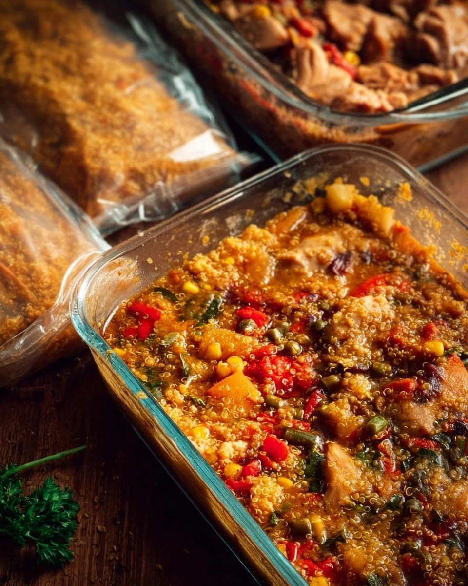 Hearty Chicken, Quinoa & Veggie Freezer Casserole