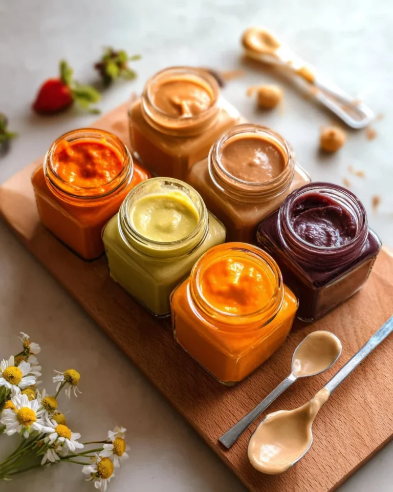 Homemade baby food purees in colorful jars ready for feeding