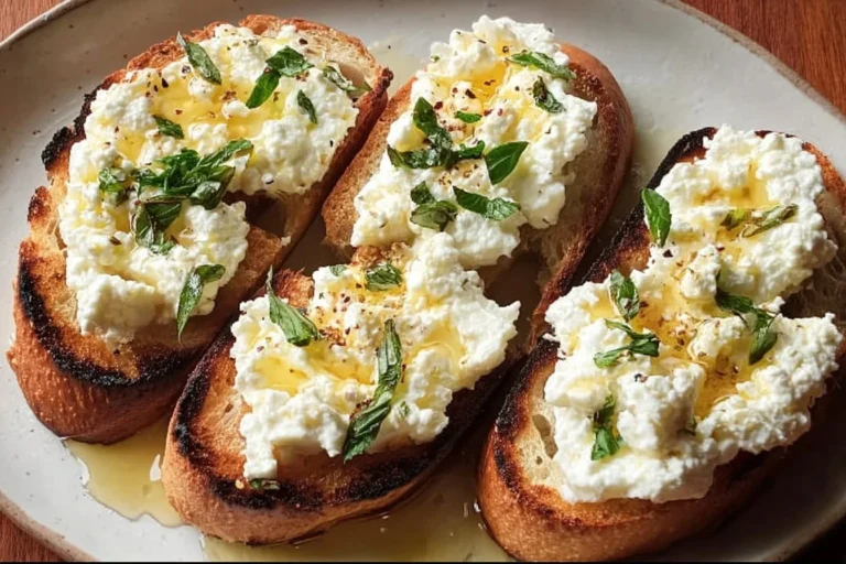 Delicious hot honey whipped feta crostini topped with herbs and spices.