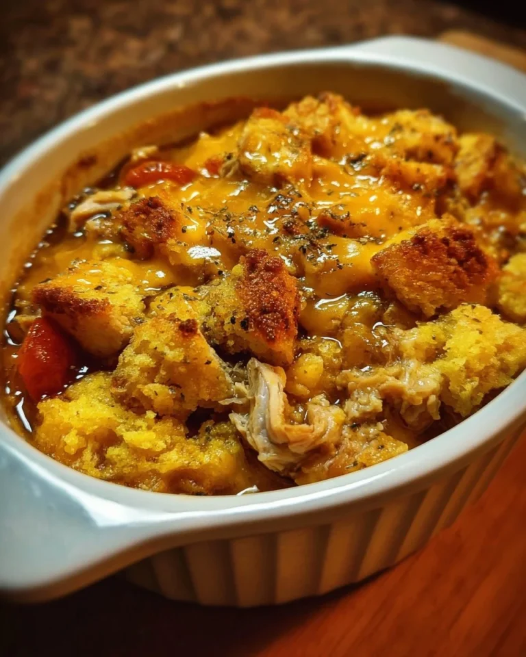 KFC Famous Bowl Casserole with layers of mashed potatoes, chicken, and cheese