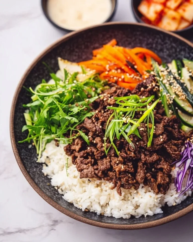 Korean Beef Bowl with marinated beef, rice, and fresh vegetables
