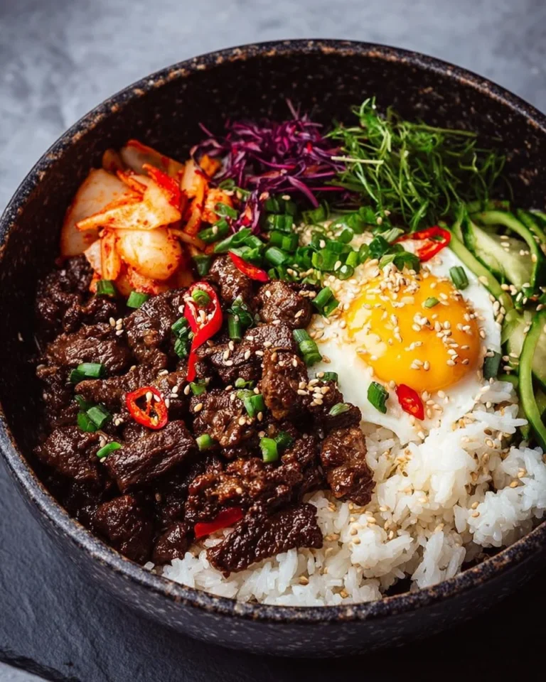 Korean Beef Bowl with marinated beef, vegetables, and rice in a vibrant dish