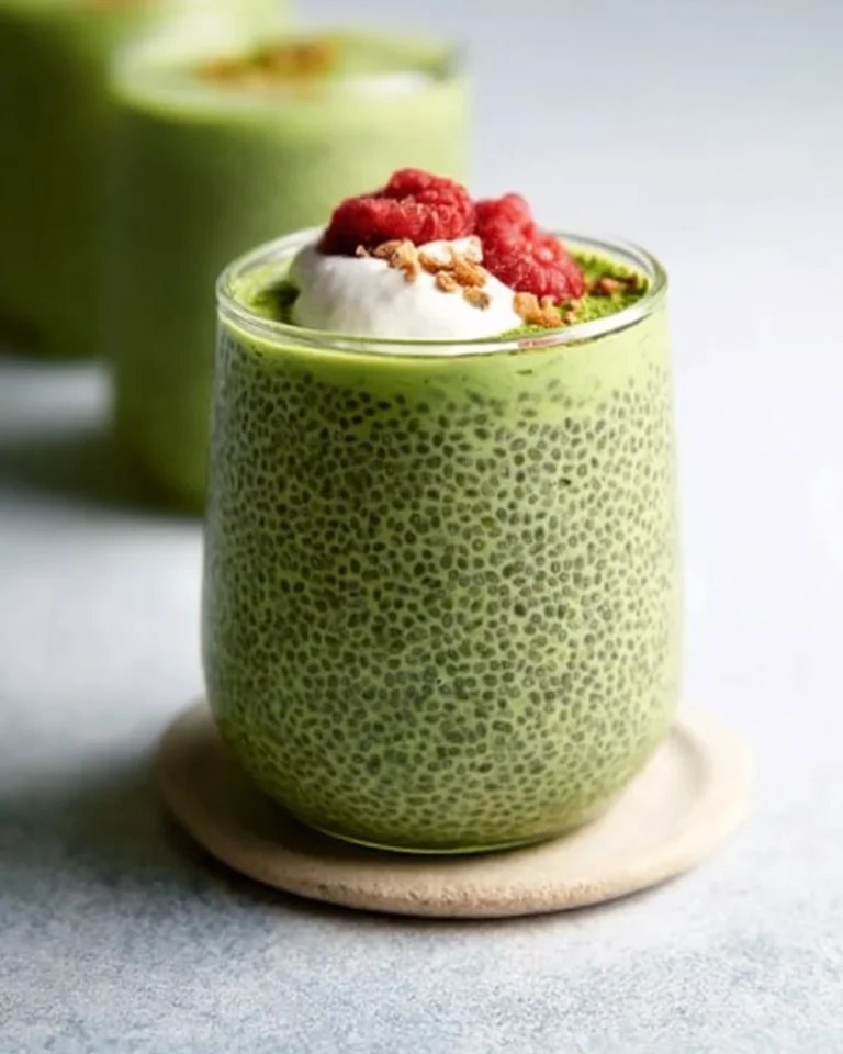 Bowl of vibrant matcha chia pudding topped with fresh berries and nuts