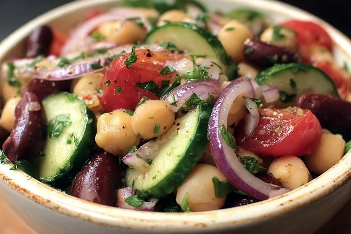 Vibrant Mediterranean Bean Salad with fresh vegetables and herbs