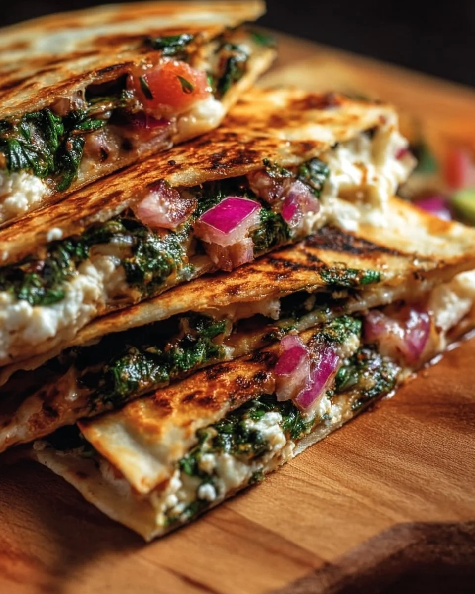 Mediterranean Quesadillas with Spinach, Feta, Mozzarella, and Red Onion