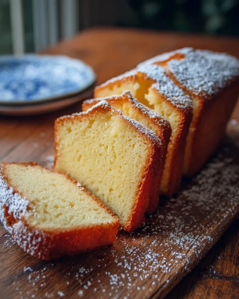 Slice of Million Dollar Pound Cake on a plate, showcasing its rich texture and golden color