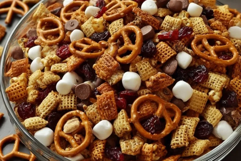 A delicious bowl of Million Dollar Snack Mix featuring various flavors and textures.