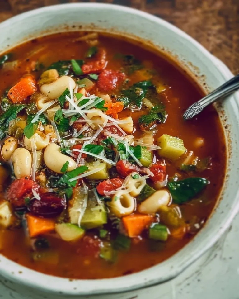 Bowl of minestrone soup filled with vegetables, beans, and pasta