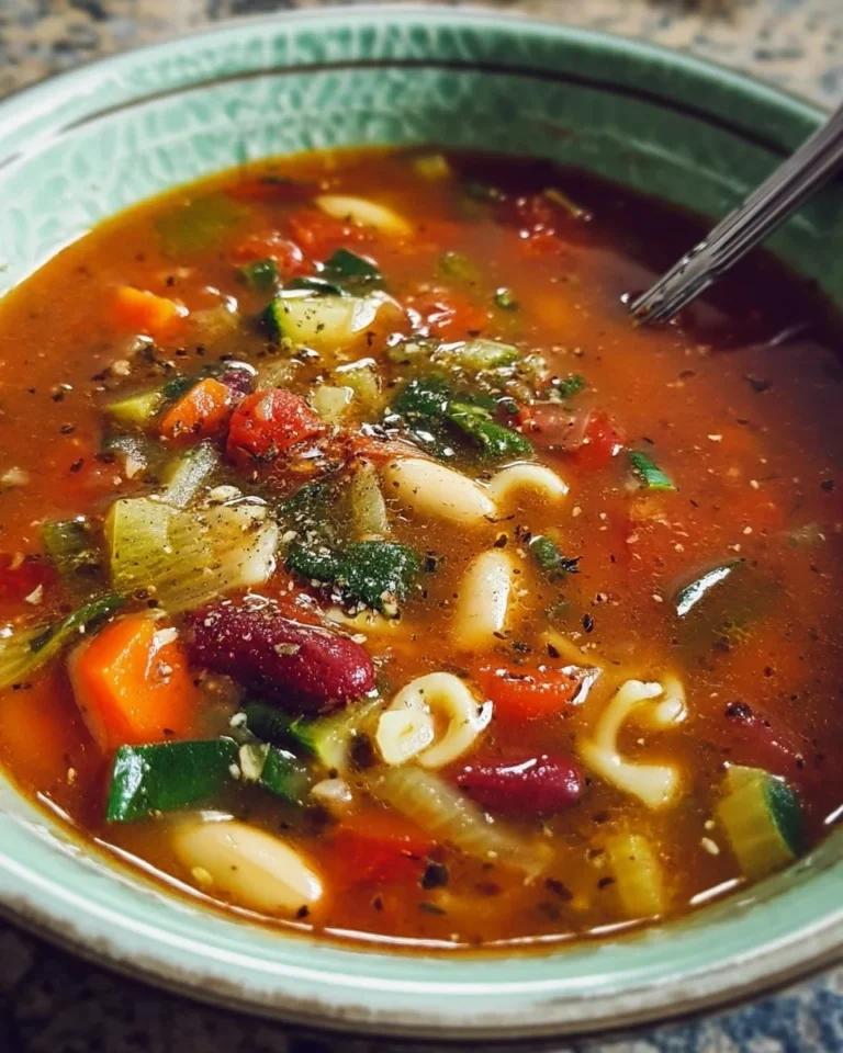 Bowl of vibrant minestrone soup filled with vegetables and pasta